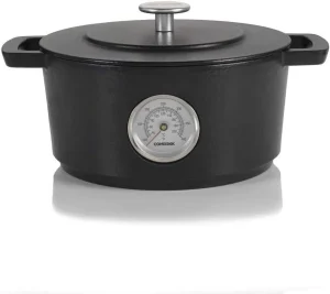 Recycled Enameled Cast Iron 4.25 Quart Dutch Oven W/ Thermometer, Black, 9.5