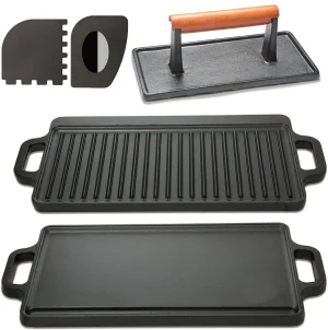 Cast Iron Griddle | Stove Top Grill| Griddle for Gas Stove Top | Gas Stove Griddle Plate | Grill Plate for Stove Top | Stove Top Grill Pan | Kit Includes Cast Iron Grill Press , 2 Grill Pan Scrapers