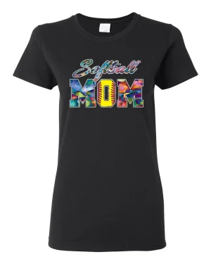 Colorful Softball Mom, Mother's Day, Women Graphic T-Shirt, Black, Small